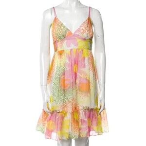 Women's Dresses' Designer Milly Foral Print Yellow Spaghettis Strap Silk Dress 6